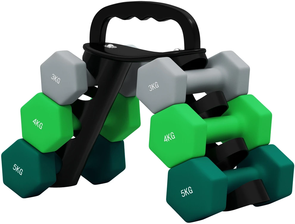 SPORTNOW 6 dalių hantelių rinkinys 2 x 3kg, 2 x 4kg, 2 x 5kg, hantelių rinkinys su stovu, šešiakampiai hanteliai, jėgos treniruotėms, sportui namuose, pilka+žalia+turkio spalva
