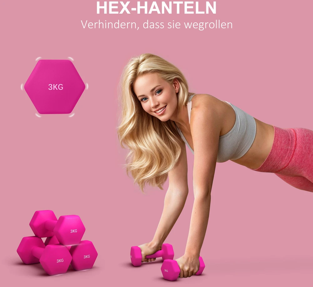 SPORTNOW 2 hantelių rinkinys 2 x 3kg hantelių rinkinys, šešiakampių hantelių rinkinys, pritaikytas grindims, skirtas jėgos treniruotėms namuose, rožinės spalvos