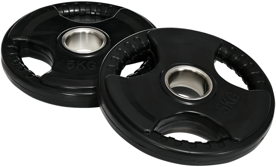 SPORTNOW svorių plokštės, 2 vnt. rinkinys, Tri-Grip, 2 x 5kg, gumuotos olimpinės plokštės, apsaugančios grindis, 5 cm skylė, trys rankenos, jėgos treniruotėms
