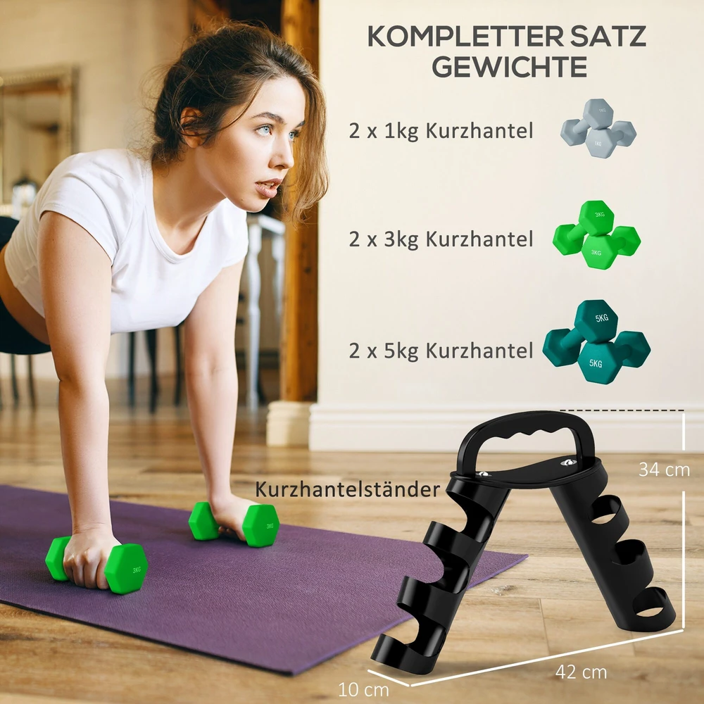SPORTNOW hantelių rinkinys, 6 vienetai su sulankstomu stovu, 2 x 1kg, 2 x 3kg, 2 x 5kg hanteliai, skirti fitnesui, gimnastikai, namams
