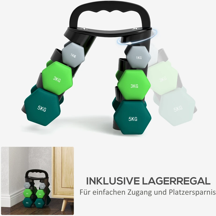 SPORTNOW hantelių rinkinys, 6 vienetai su sulankstomu stovu, 2 x 1kg, 2 x 3kg, 2 x 5kg hanteliai, skirti fitnesui, gimnastikai, namams