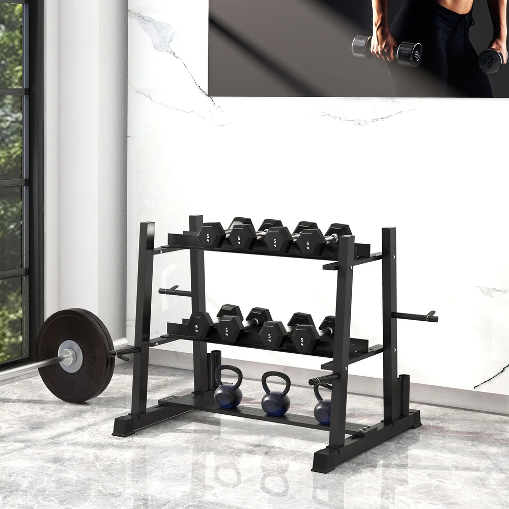 SPORTNOW hantelių stovas 3 lygių iki 200 kg, plieno, juodas, 131x75x80 cm