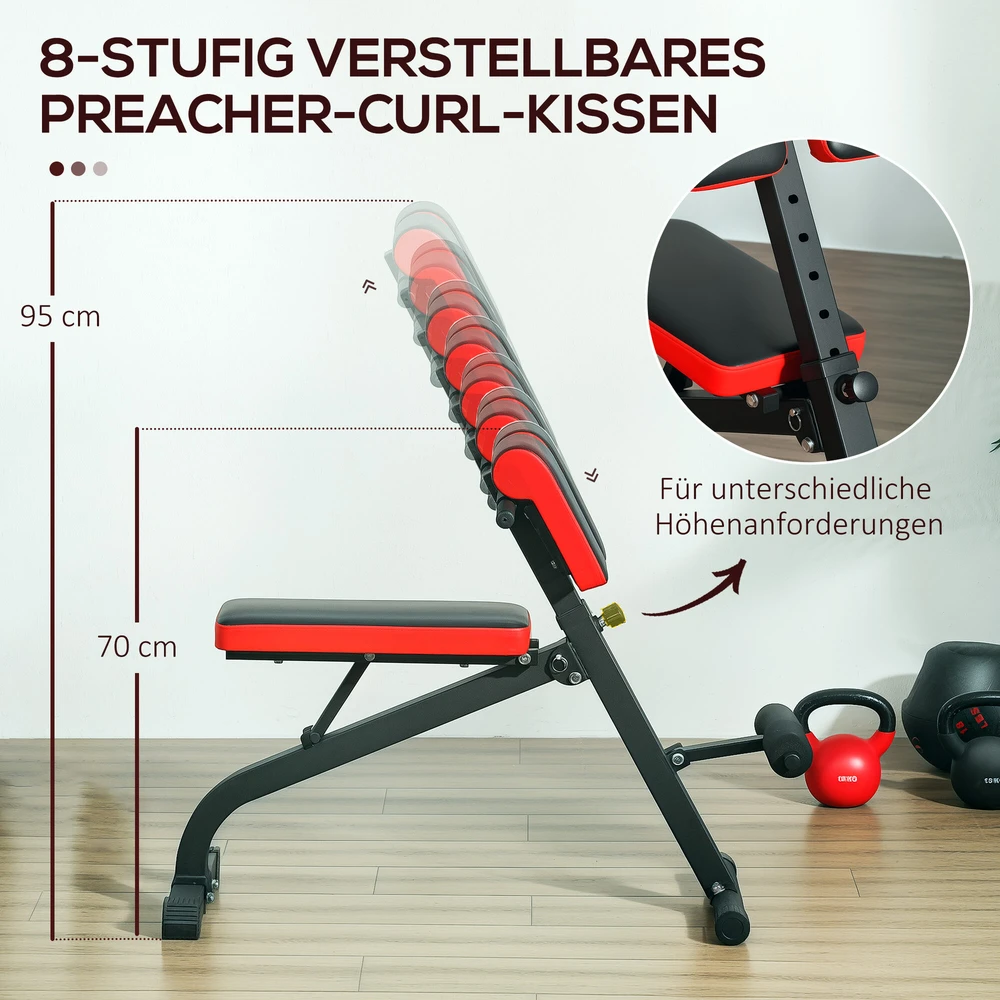 SPORTNOW svarmenų suolas, universalus treniruoklių suolas, reguliuojamas, sulankstomos konstrukcijos, skirtas bicepsų lenkimams, štangai, plienas, iki 120 kg, 103 x 65 x 67-98 cm, juodas