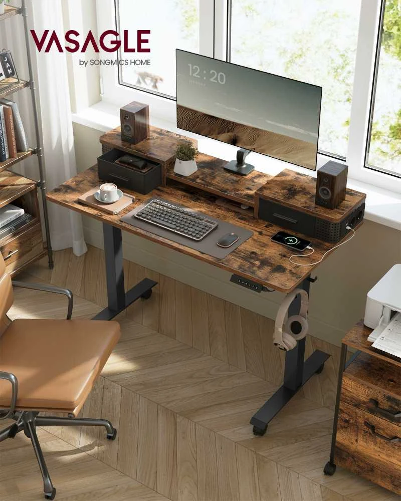 Songmics Vasagle Reguliuojamo aukščio rašomasis stalas su monitoriaus stovu vintage ruda