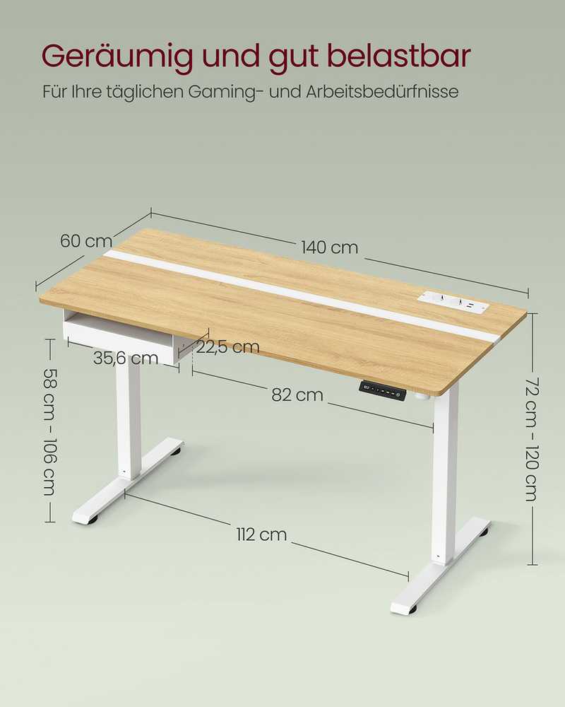 Songmics Vasagle Rašomasis stalas su kištukiniais lizdais ir stalčiumi 60 x 140 cm