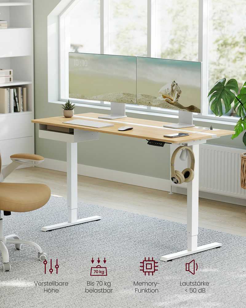 Songmics Vasagle Rašomasis stalas su kištukiniais lizdais ir stalčiumi 60 x 140 cm