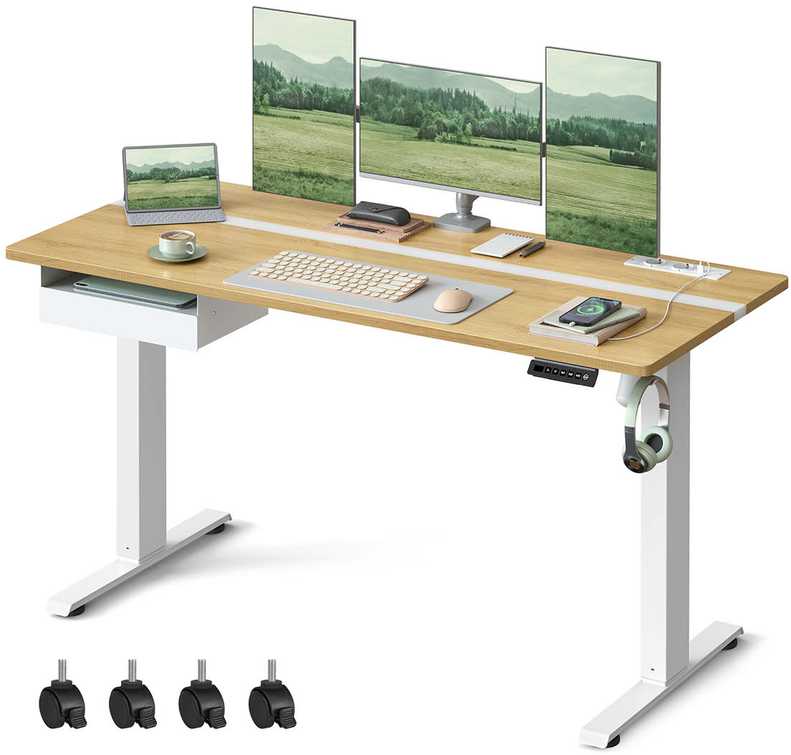 Songmics Vasagle Rašomasis stalas su kištukiniais lizdais ir stalčiumi 60 x 140 cm