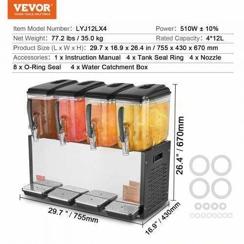 VEVOR Komercinis gėrimų dozatorius su 4 talpomis, 12L