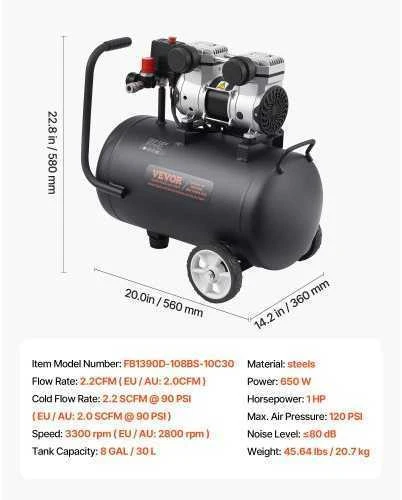 VEVOR Kompresorius be alyvos 8 galonų 90 PSI
