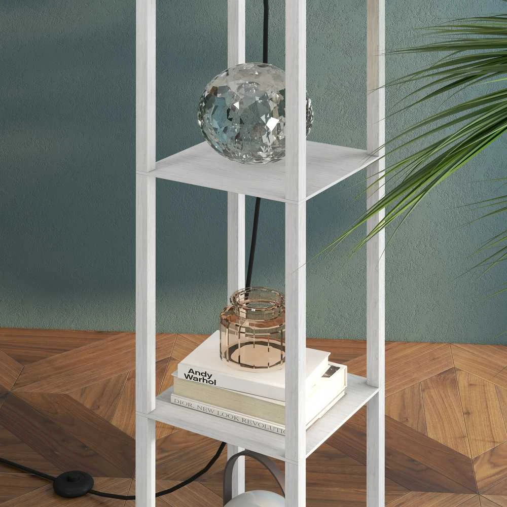 HOMCOM pastatomas šviestuvas, elegantiška lempa su 3 lentynomis, E27 iki 40W, svetainei/miegamajam, E1-MDF ir akrilas, balta, 26x26x160cm