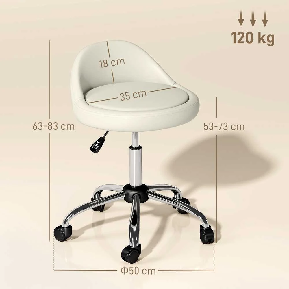 HOMCOM kėdė su ratukais, reguliuojamo aukščio darbinė kėdė 63-83 cm, besisukanti kėdė su ratukais, saloninė kėdė, dirbtinė oda, balta