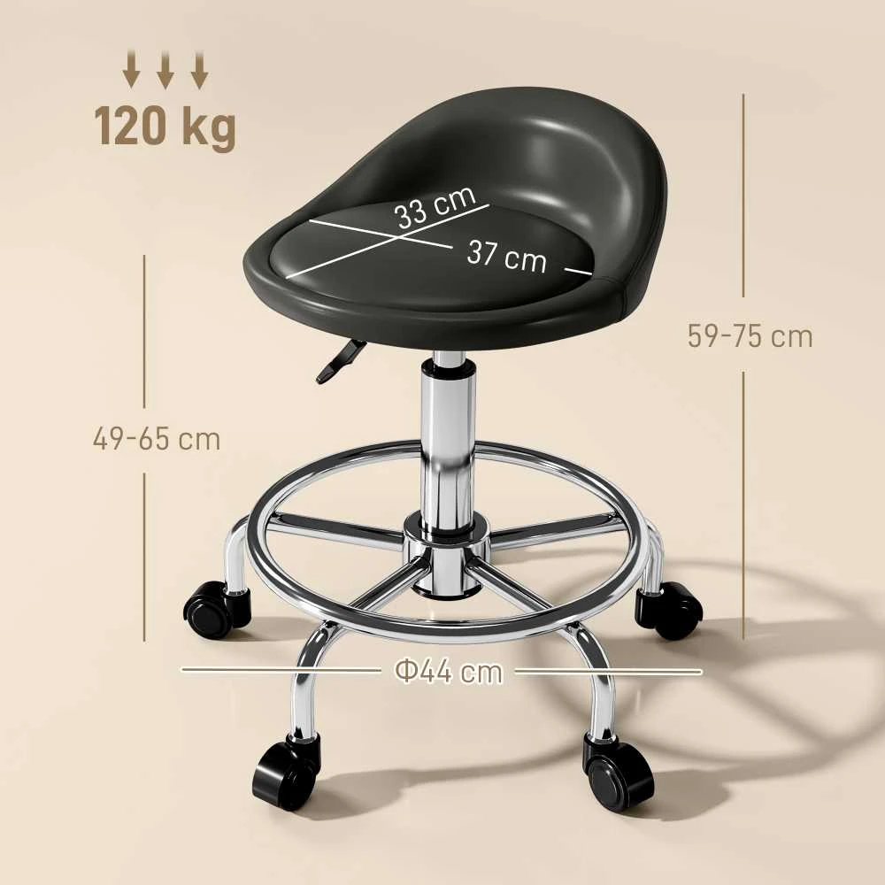 Reguliuojamo aukščio kėdė su ratukais HOMCOM, su atlošu, besisukanti 360°, 59-75 cm, darbo kėdė, biuro kėdė biurui, salonui, masažui, SPA, juoda