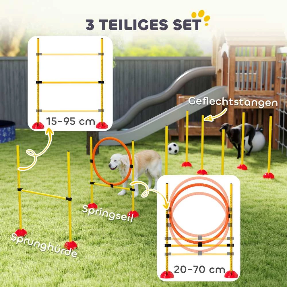 PawHut Agility rinkinys šunims, 4 dalių, užpildomas, agility įranga šunų dresūrai, kliūčių ruožas su reguliuojamo aukščio slalomo stulpais, šuolių kliūtimis ir žiedu, koordinacijos treniruotėms