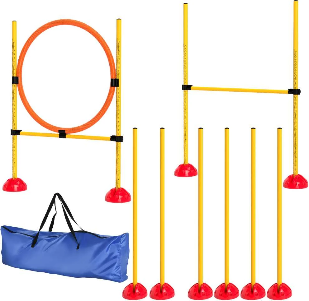 PawHut Agility rinkinys šunims, 4 dalių, užpildomas, agility įranga šunų dresūrai, kliūčių ruožas su reguliuojamo aukščio slalomo stulpais, šuolių kliūtimis ir žiedu, koordinacijos treniruotėms