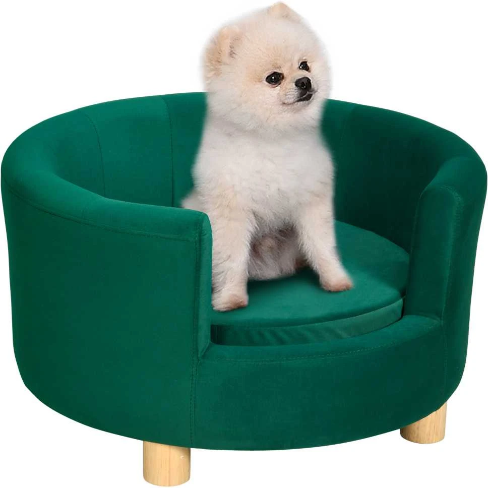 PawHut šunų guolis – elegantiška šunų sofa su minkštu užvalkalu ir medinėmis kojelėmis, 65x64x37 cm