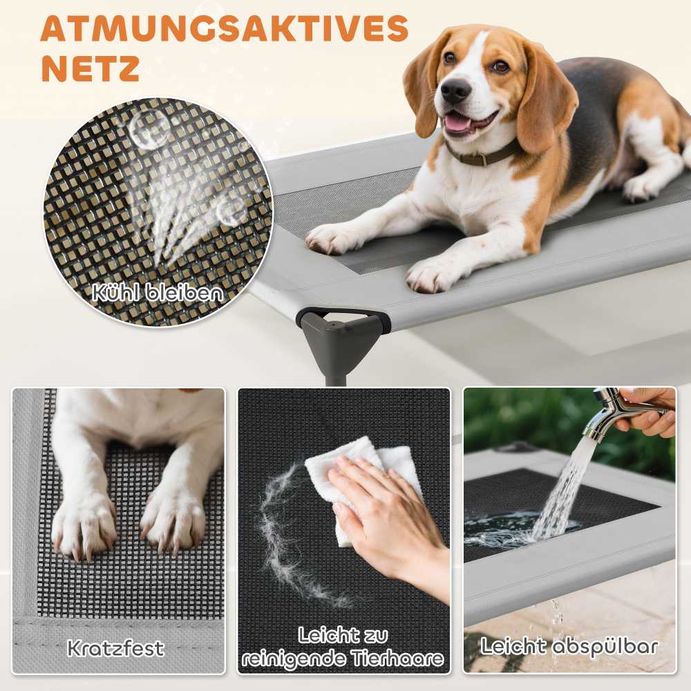 PawHut lauko šuns lova su stogu, paaukštinta šuns lova vidutinio dydžio šunims, vėsinanti gyvūno lova su plaunamu tinkliniu metaliniu rėmu ir nešiojimo krepšiu, gyvūno lova lauko kempingui, 76x61x71cm, šviesiai pilka