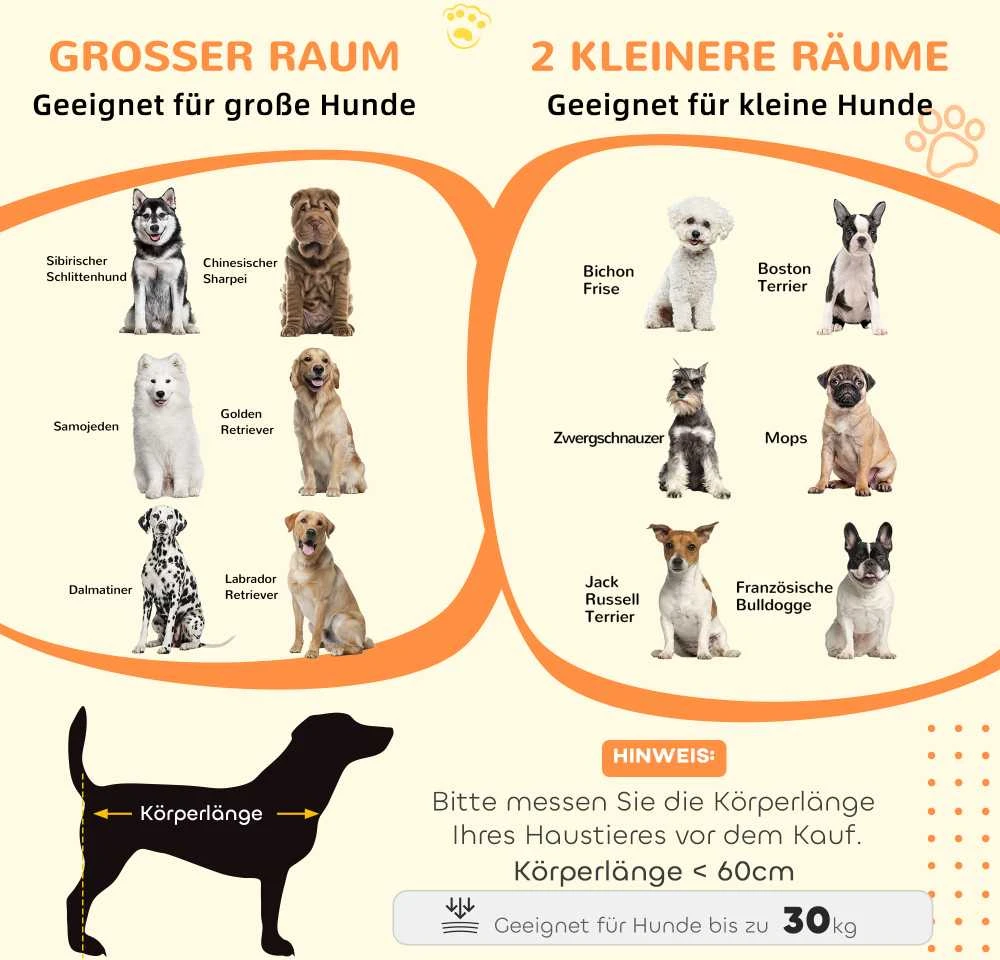 PawHut šunų narvas, naminių gyvūnėlių narvas, šunų būda su dviejų kambarių parinktimi vidutinio dydžio šunims, šunų dėžė su dvigubomis durelėmis, šunų namelis, pilka, 120 x 60 x 88,5 cm