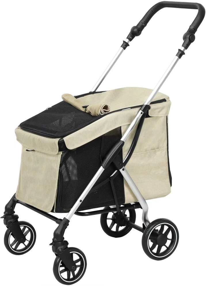 PawHut lengvas šunų vežimėlis, aliuminis, sulankstomas, skirtas šunims ir katėms iki 10 kg, kačių vežimėlis su pagalve, tinkleliais, durelėmis, krepšeliu daiktams, chaki spalvos