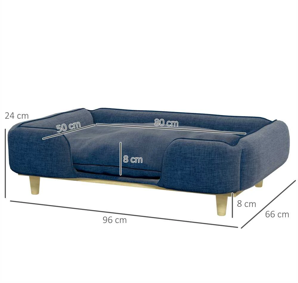 PawHut šunų lova, šunų pagalvė, šunų krepšelis, šunų sofa, medinės kojelės, poliesteris, tamsiai mėlyna, 96 x 66 x 24 cm