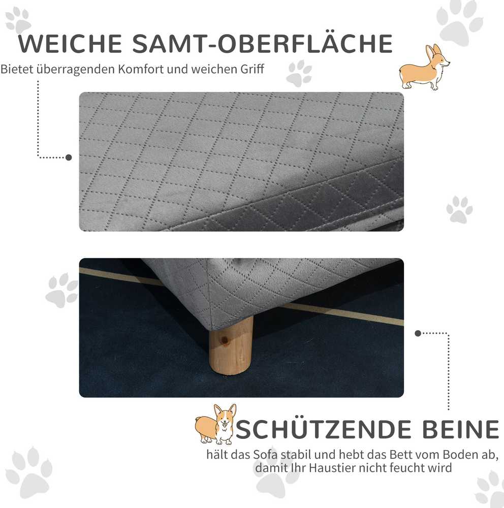 PawHut šunų sofa, aksominio prisilietimo naminių gyvūnėlių sofa mažiems šunims iki 8kg, su medinėmis kojelėmis, pilka, 64x45x36 cm