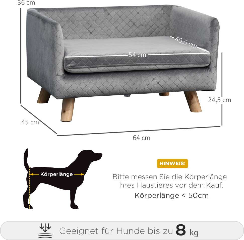 PawHut šunų sofa, aksominio prisilietimo naminių gyvūnėlių sofa mažiems šunims iki 8kg, su medinėmis kojelėmis, pilka, 64x45x36 cm