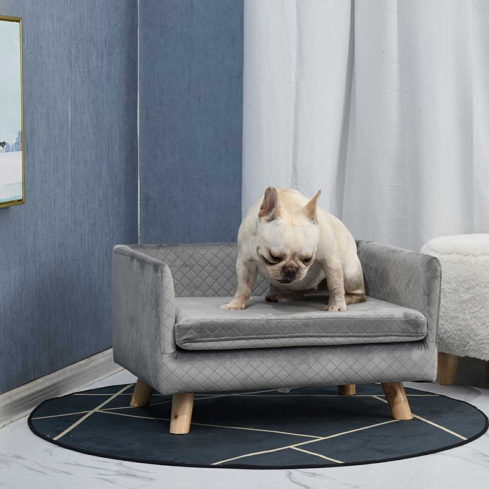 PawHut šunų sofa, aksominio prisilietimo naminių gyvūnėlių sofa mažiems šunims iki 8kg, su medinėmis kojelėmis, pilka, 64x45x36 cm