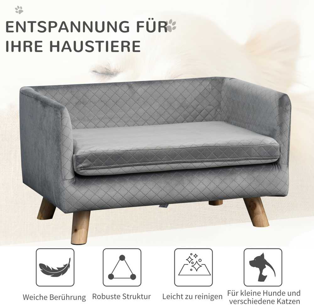 PawHut šunų sofa, aksominio prisilietimo naminių gyvūnėlių sofa mažiems šunims iki 8kg, su medinėmis kojelėmis, pilka, 64x45x36 cm