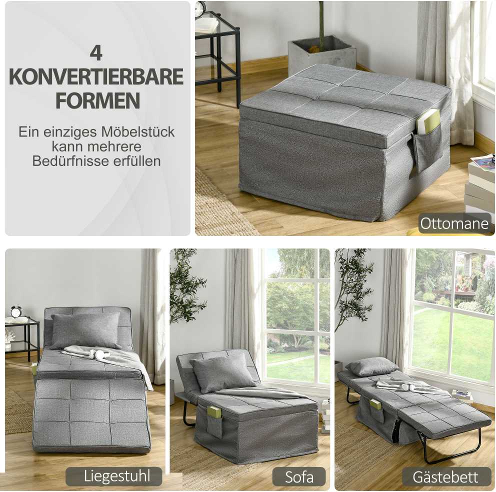 HOMCOM 4-in-1 vienvietė svečių lova, sulankstoma lova-fotelis-pufas, 8 cm čiužinys, 5 padėčių atlošas, plieno rėmas, 188x75x38 cm, pilka