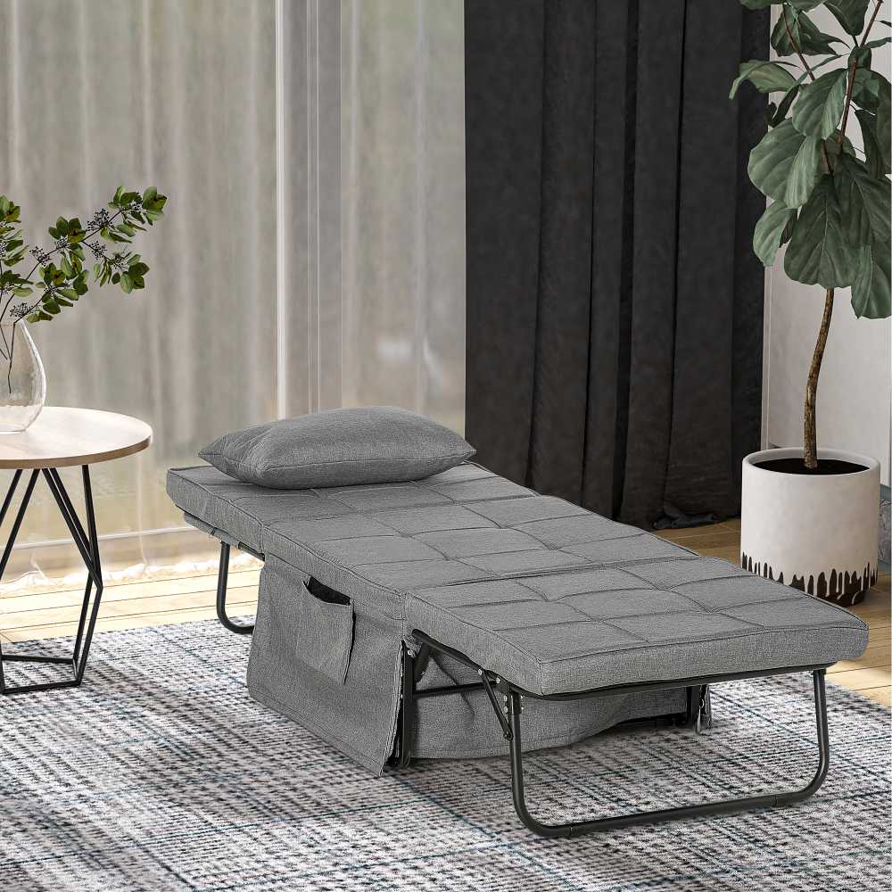 HOMCOM 4-in-1 vienvietė svečių lova, sulankstoma lova-fotelis-pufas, 8 cm čiužinys, 5 padėčių atlošas, plieno rėmas, 188x75x38 cm, pilka