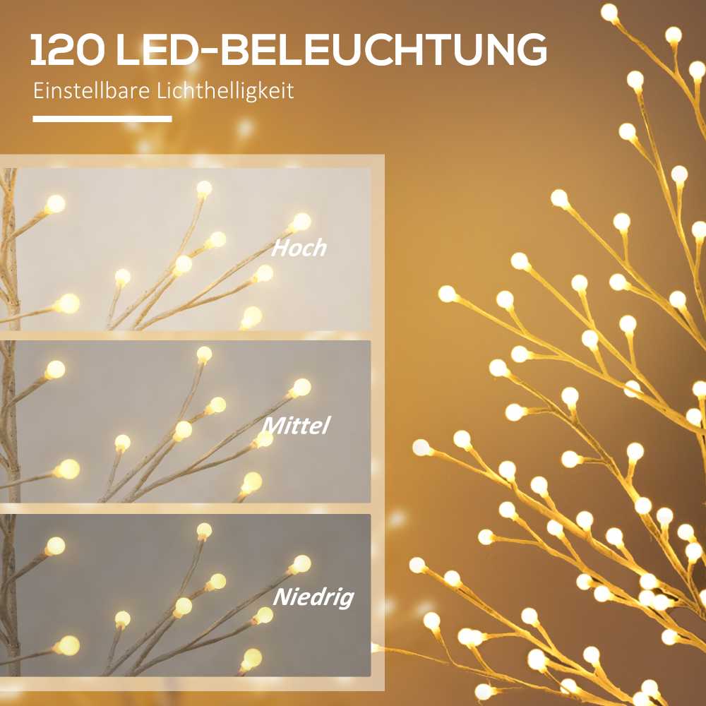 HOMCOM 150 cm šviečianti eglutė, beržinė eglutė su 120 šiltai baltos spalvos 3 ryškumo lygių LED, Kalėdų eglutė beržinė, Led eglutė dirbtinė beržinė, skirta vakarėliui, gimtadieniui, vestuvėms IP44 Balta