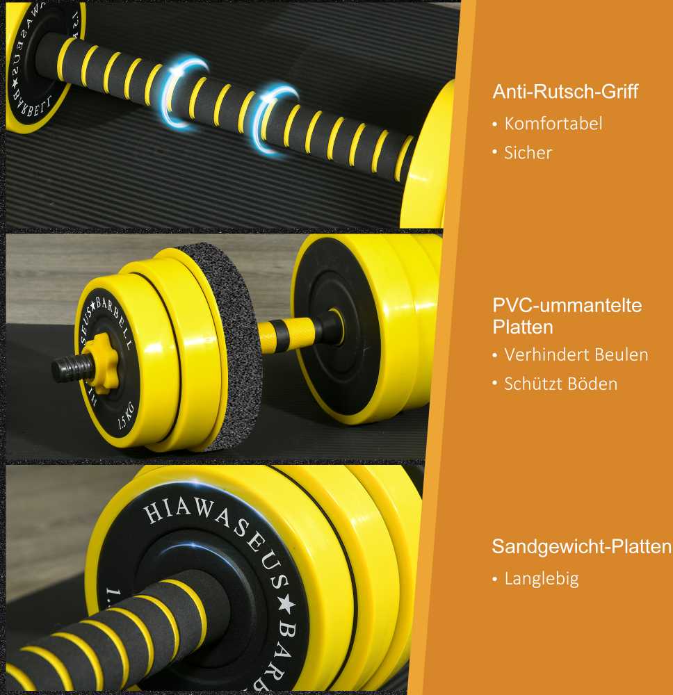 HOMCOM 25 kg hanteliai ir štangos, reguliuojamas ergonomiškas 3-in-1 hantelių rinkinys, 12 × plokštelių, 2 × trumpi strypai, 1 × ilgas strypas, geltona + juoda