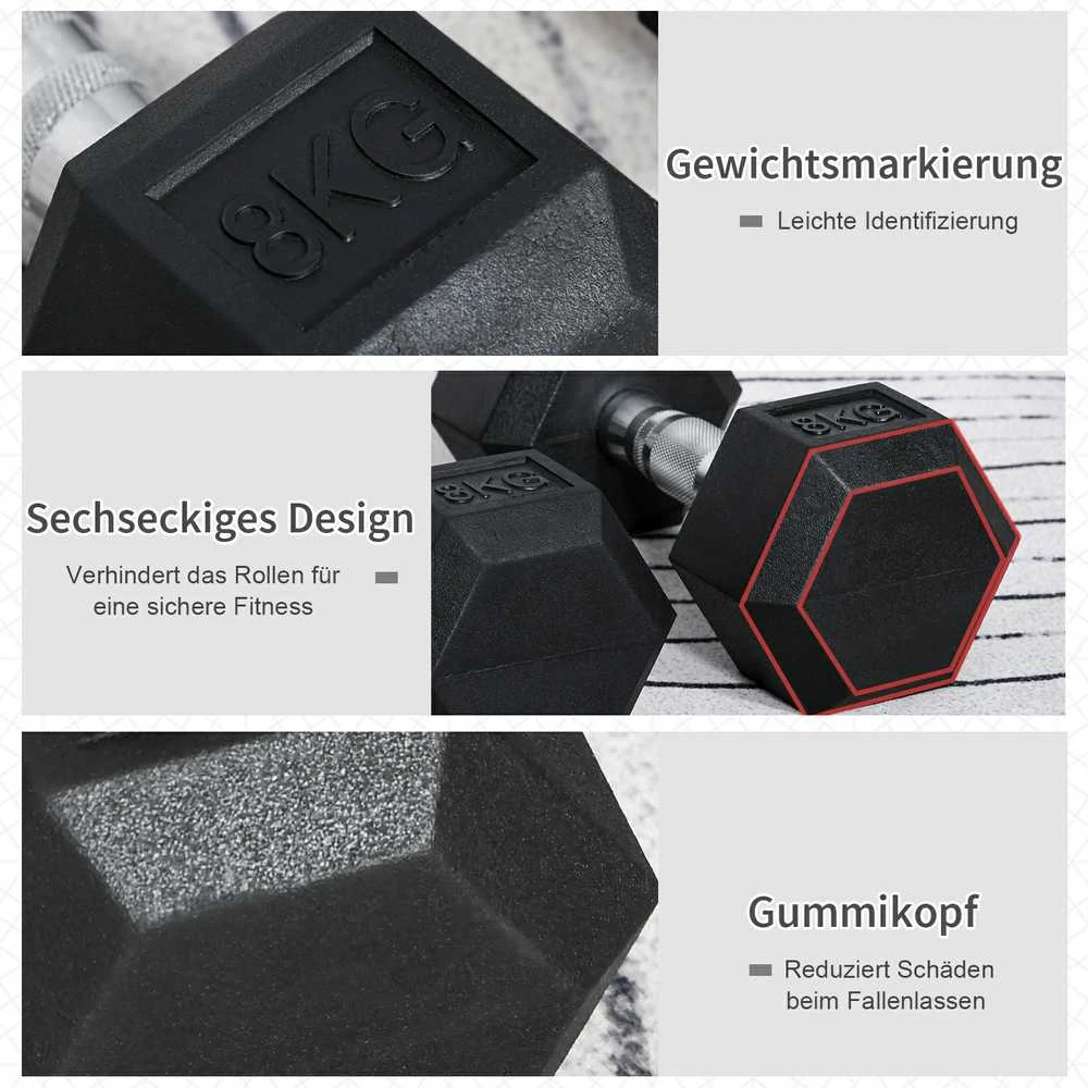 HOMCOM šešiakampiai hanteliai, 2 vnt. rinkinys, ketaus, rantyta rankena, metalas/guma, juodi, 2 x 8kg