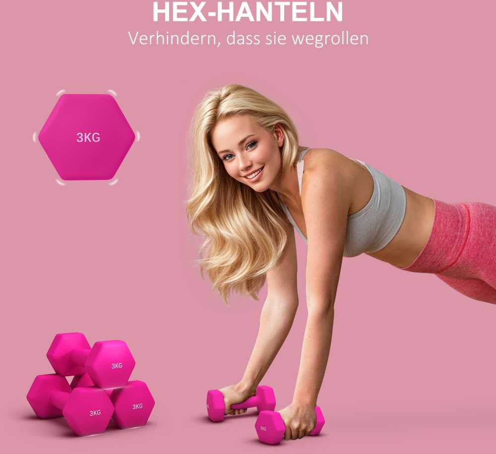 SPORTNOW 2 hantelių rinkinys 2 x 3kg hantelių rinkinys, šešiakampių hantelių rinkinys, pritaikytas grindims, skirtas jėgos treniruotėms namuose, rožinės spalvos