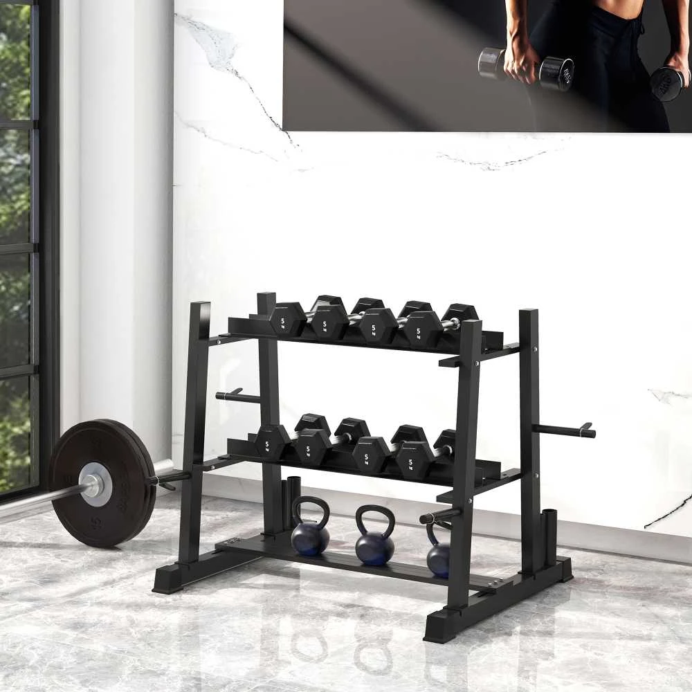 SPORTNOW hantelių stovas 3 lygių iki 200 kg, plieno, juodas, 131x75x80 cm