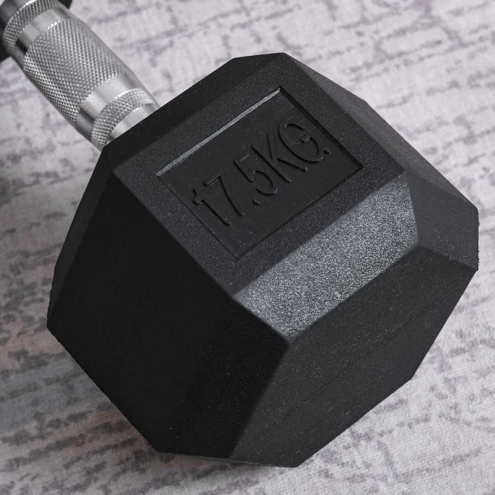 HOMCOM šešiakampiai gumuoti hanteliai 17,5kg, ketaus, jėgos treniruotėms, juodi