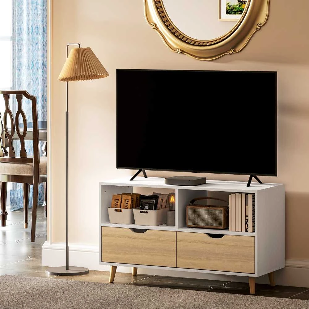 "HOMCOM" televizoriaus spintelė su 2 lentynomis ir stalčiumi, 99 cm ilgio TV staliukas televizoriui, televizoriaus lenta svetainėje, balta