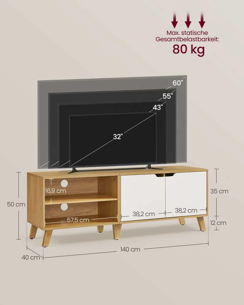 TV staliukas Songmics Vasagle Televizoriaus spintelė 140 cm ilgio, natūralaus ąžuolo spalva - kreminė balta