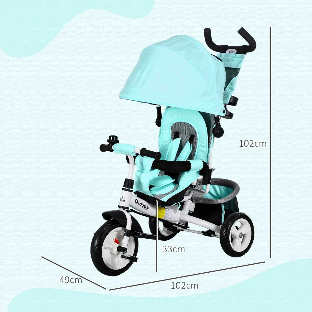 HOMCOM 6-in-1 triratukas su stūmimo rankena, vaikiškas triratukas su nuimamu stogeliu, pagalvėle, balansinis dviratis su 5 taškų saugos diržais, krepšeliu, puodelio laikikliu, 1–5 metų vaikams, žalias