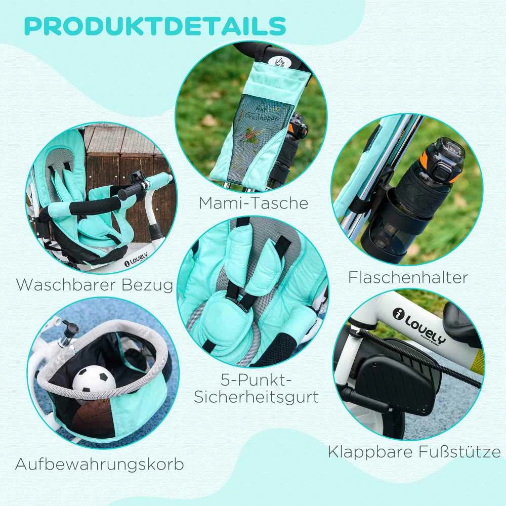 HOMCOM 6-in-1 triratukas su stūmimo rankena, vaikiškas triratukas su nuimamu stogeliu, pagalvėle, balansinis dviratis su 5 taškų saugos diržais, krepšeliu, puodelio laikikliu, 1–5 metų vaikams, žalias
