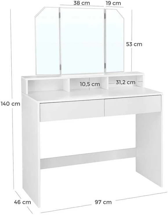 Songmics Vasagle Tualetinis staliukas su atlenkiamu veidrodžiu ir 2 stalčiais baltos spalvos
