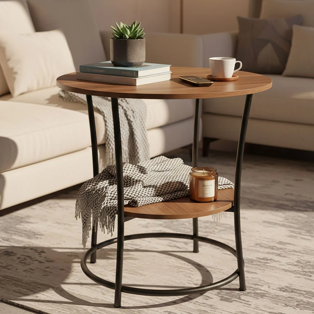 TV staliukas Relaxdays Šoninis staliukas su 2 lentynomis, apvalus, plieno rėmas, Ø 55 cm, aukštis 55 cm