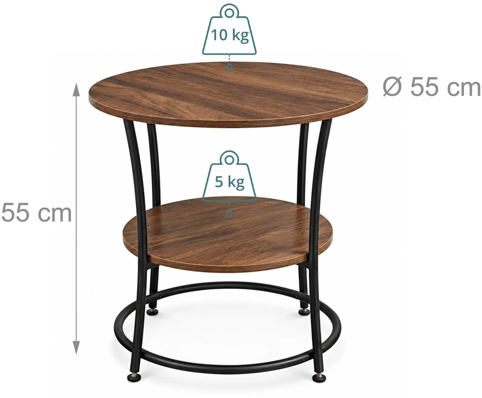 TV staliukas Relaxdays Šoninis staliukas su 2 lentynomis, apvalus, plieno rėmas, Ø 55 cm, aukštis 55 cm