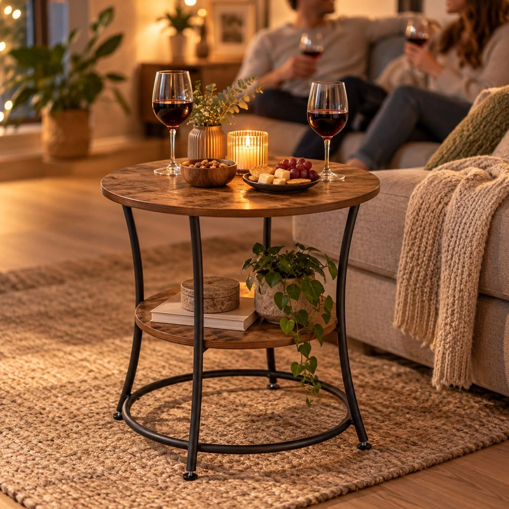 TV staliukas Relaxdays Šoninis staliukas su 2 lentynomis, apvalus, plieno rėmas, Ø 55 cm, aukštis 55 cm