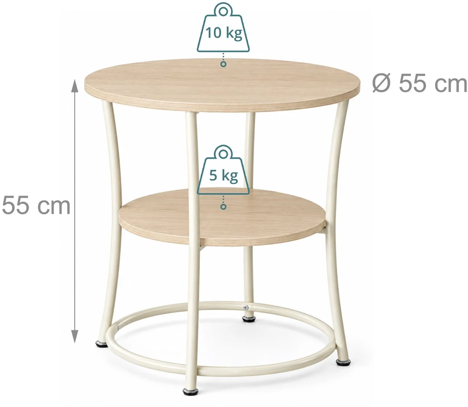 TV staliukas Relaxdays Šoninis staliukas su 2 lentynomis, apvalus, plieno rėmas, Ø 55 cm, aukštis 55 cm