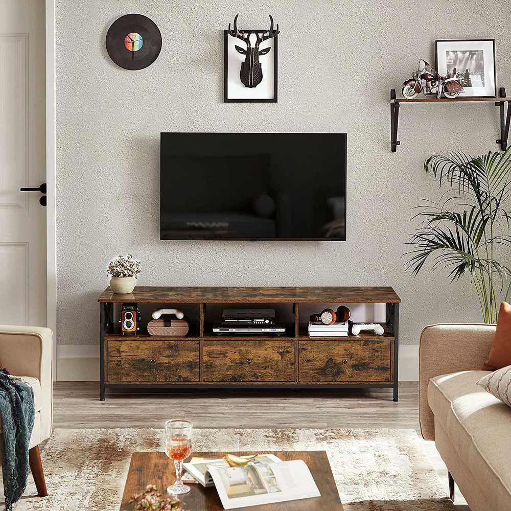 TV staliukas Songmics Vasagle Pramoninio stiliaus TV spintelė su 3 stalčiais