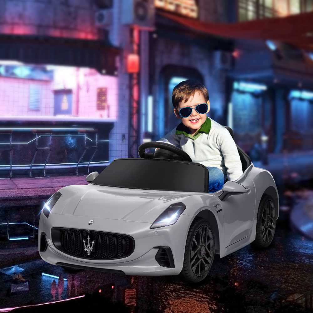 AIYAPLAY vaikiškas elektrinis automobilis 12V vaikiškas automobilis su 2,4 GHz nuotolinio valdymo pulteliu, 2 varikliai, vaikiška transporto priemonė su garsiniu signalu, LED, muzika, švelnus užvedimas, elektrinė transporto priemonė su papildomu ratu, skirta 3-5 metų vaikams, pilka spalva