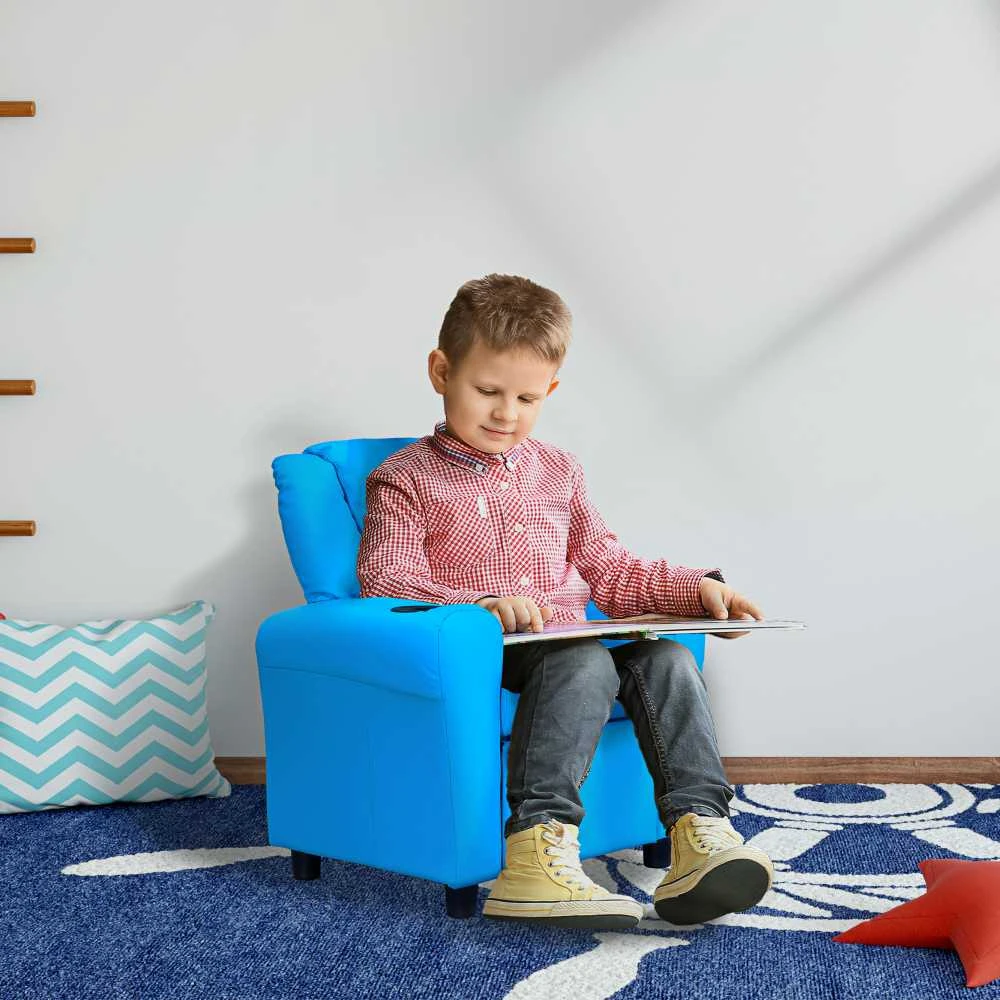 HOMCOM vaikiškas fotelis su atsilenkimo funkcija, mini sofa 3–6 metų vaikams, mėlyna, su įmontuotu puodelio laikikliu, 62x52x69 cm