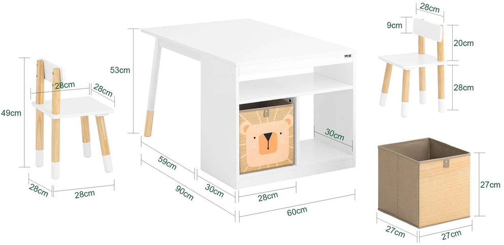 Vaikiškas stalas ir kėdžių komplektas, SoBuy KMB113-W, 90x60x53 cm, baltas