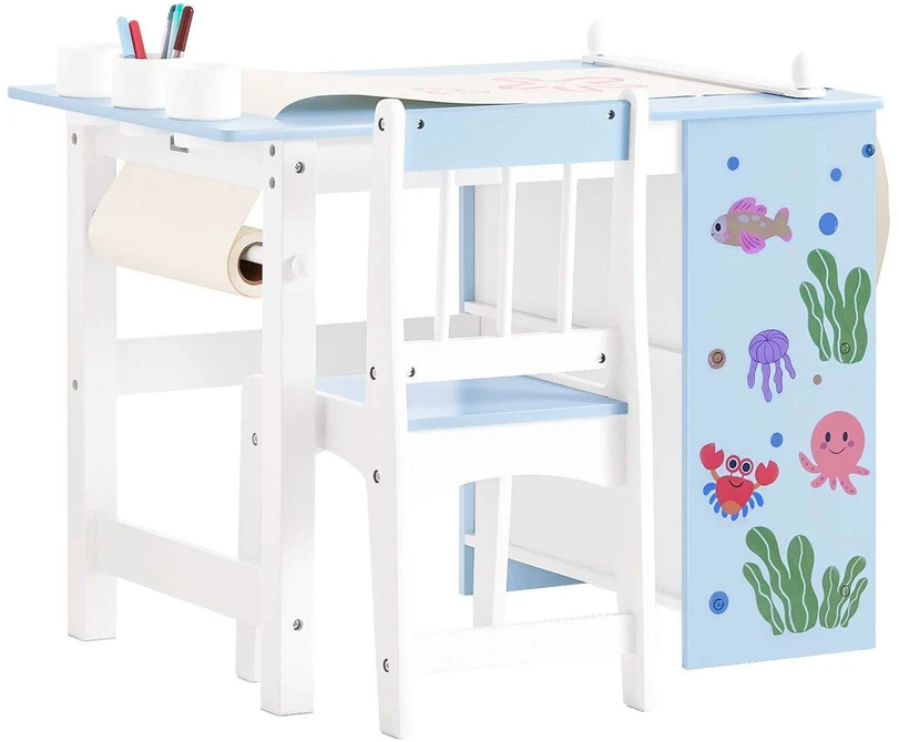 Vaikiškas stalas ir kėdžių komplektas, SoBuy KMB60-B, 80x66x50 cm, mėlyna ir balta