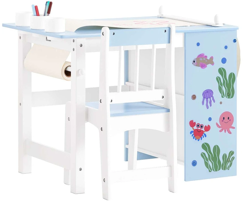 Vaikiškas stalas ir kėdžių komplektas, SoBuy KMB60-B, 80x66x50 cm, mėlyna ir balta